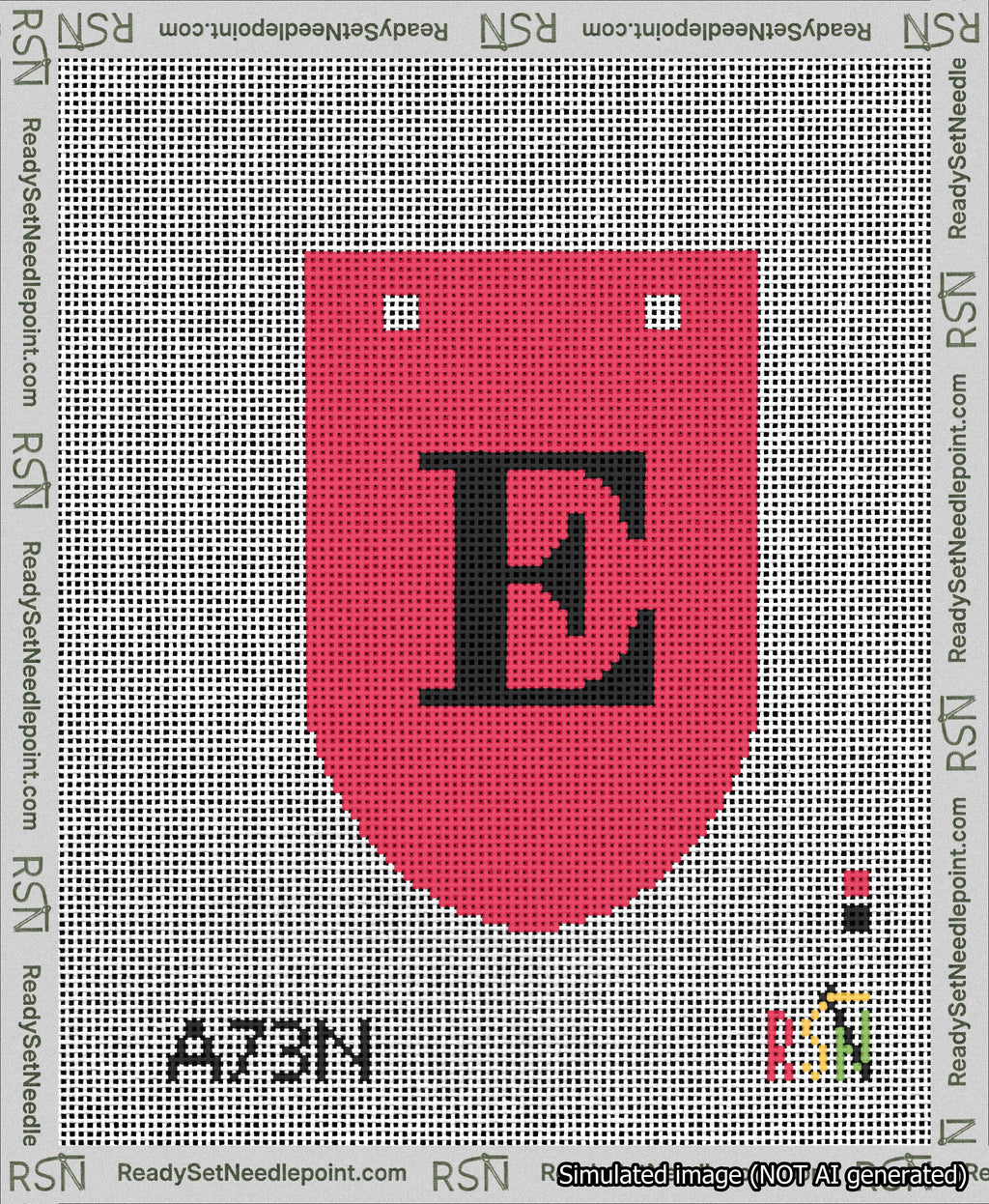 A taped needlepoint canvas with the design: Banner 13 mesh count Rounded E Black on Red.