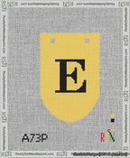 A taped needlepoint canvas with the design: Banner 13 mesh count Rounded E Black on Yellow.