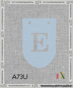 A taped needlepoint canvas with the design: Banner 13 mesh count Rounded E White on Light Blue.