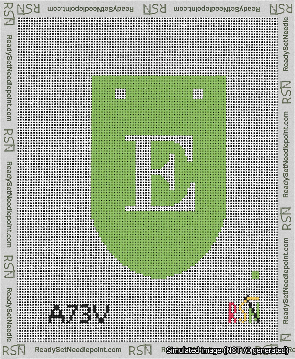 A taped needlepoint canvas with the design: Banner 13 mesh count Rounded E White on Light Green.