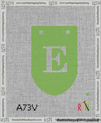 A taped needlepoint canvas with the design: Banner 13 mesh count Rounded E White on Light Green.