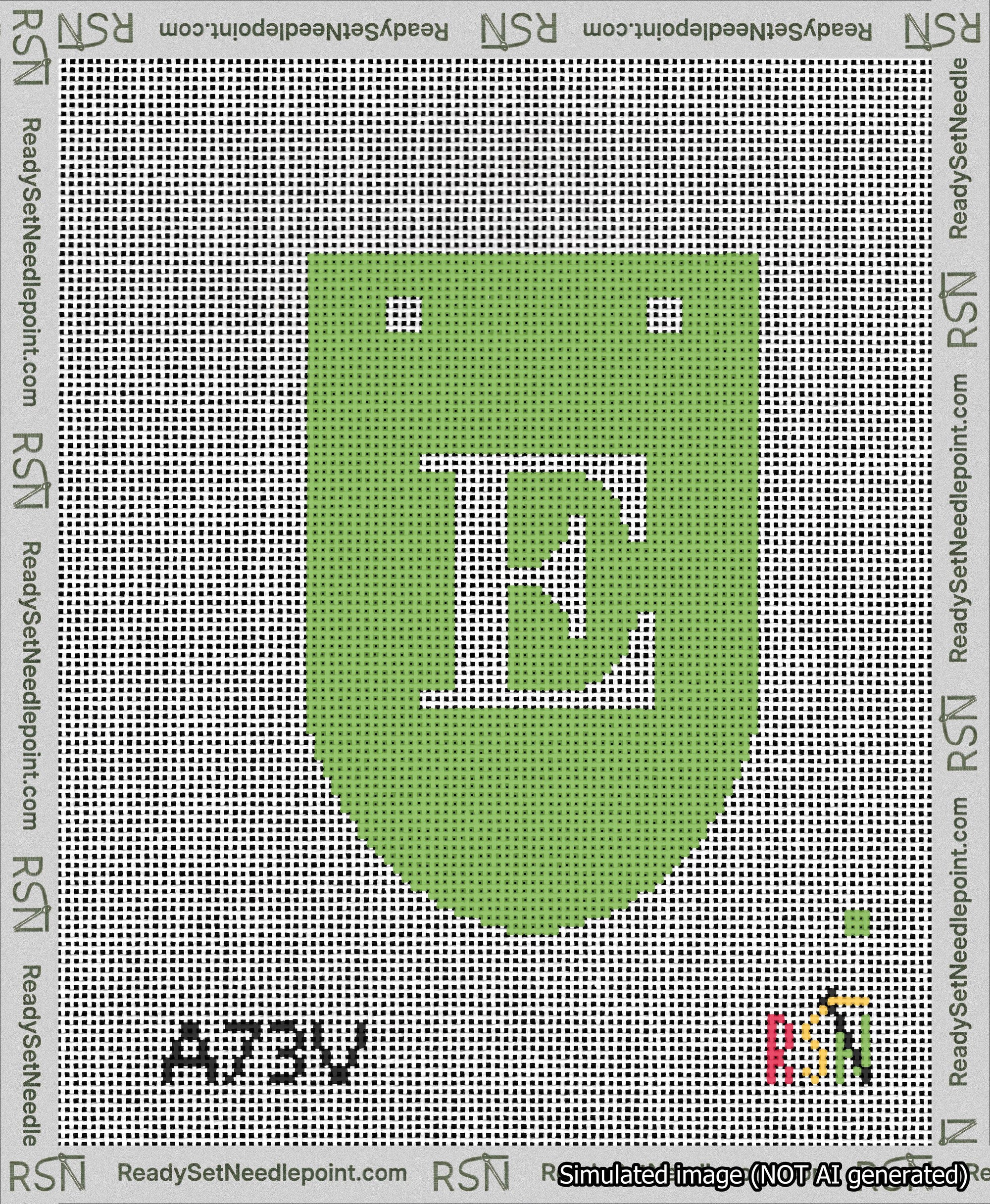 A taped needlepoint canvas with the design: Banner 13 mesh count Rounded E White on Light Green.