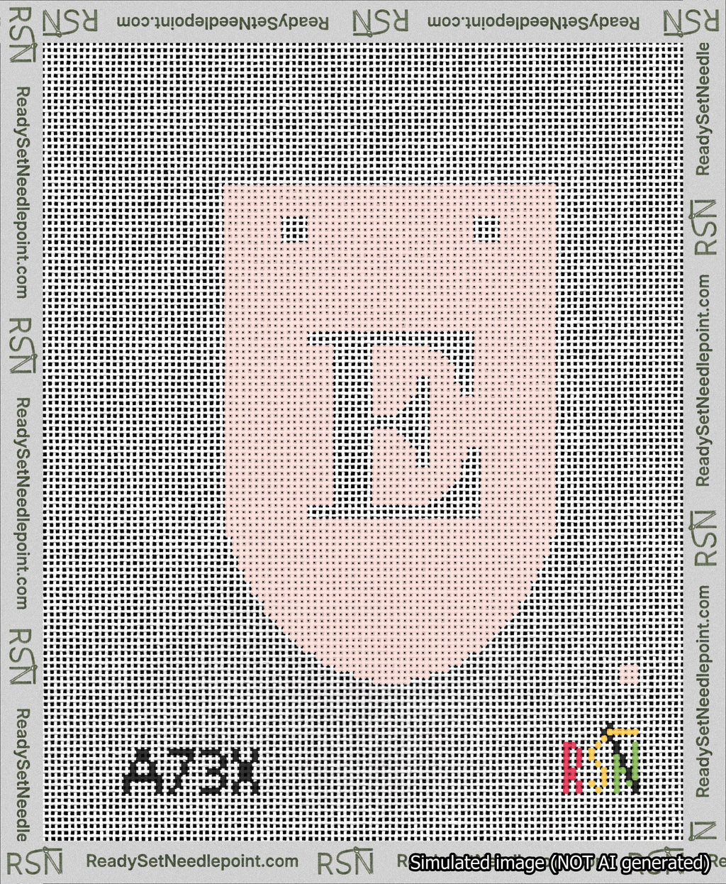 A taped needlepoint canvas with the design: Banner 13 mesh count Rounded E White on Pink.