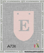 A taped needlepoint canvas with the design: Banner 13 mesh count Rounded E White on Pink.