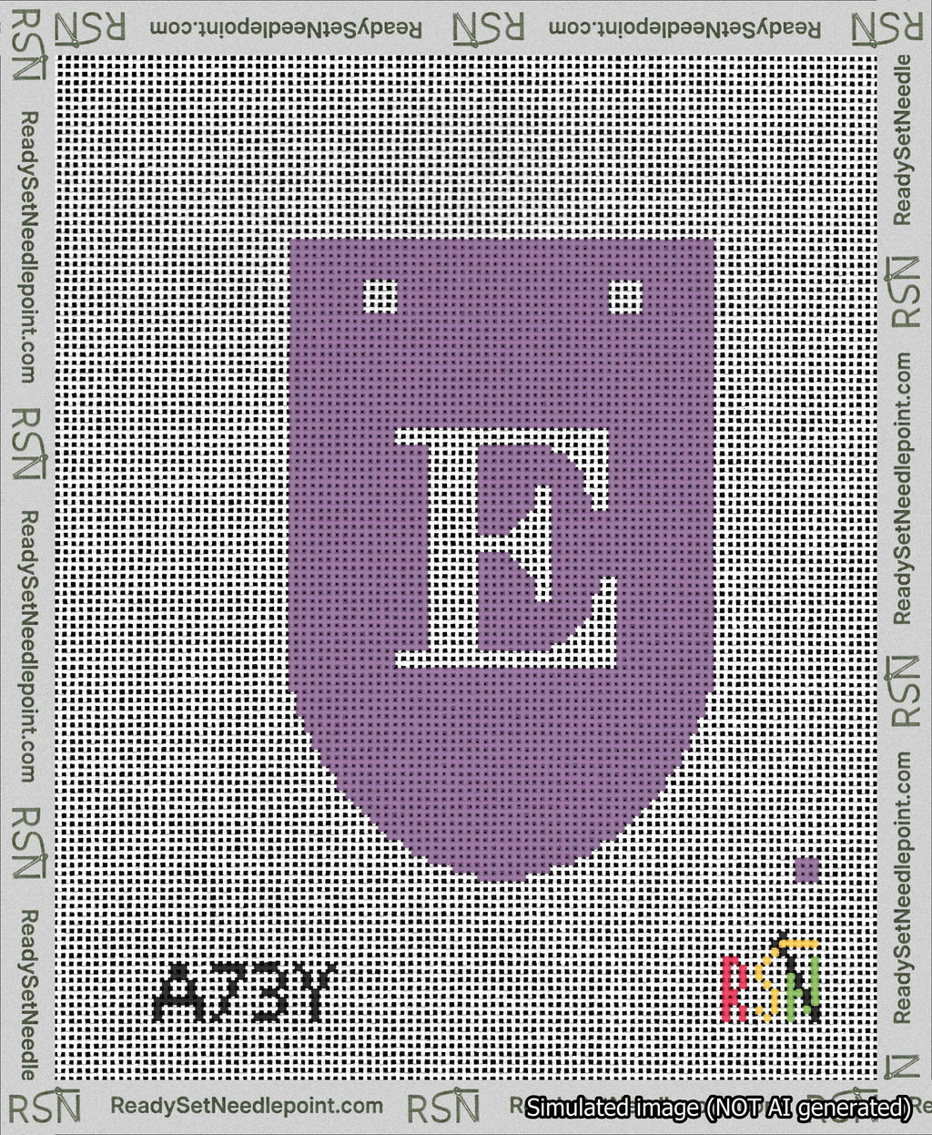 A taped needlepoint canvas with the design: Banner 13 mesh count Rounded E White on Purple.