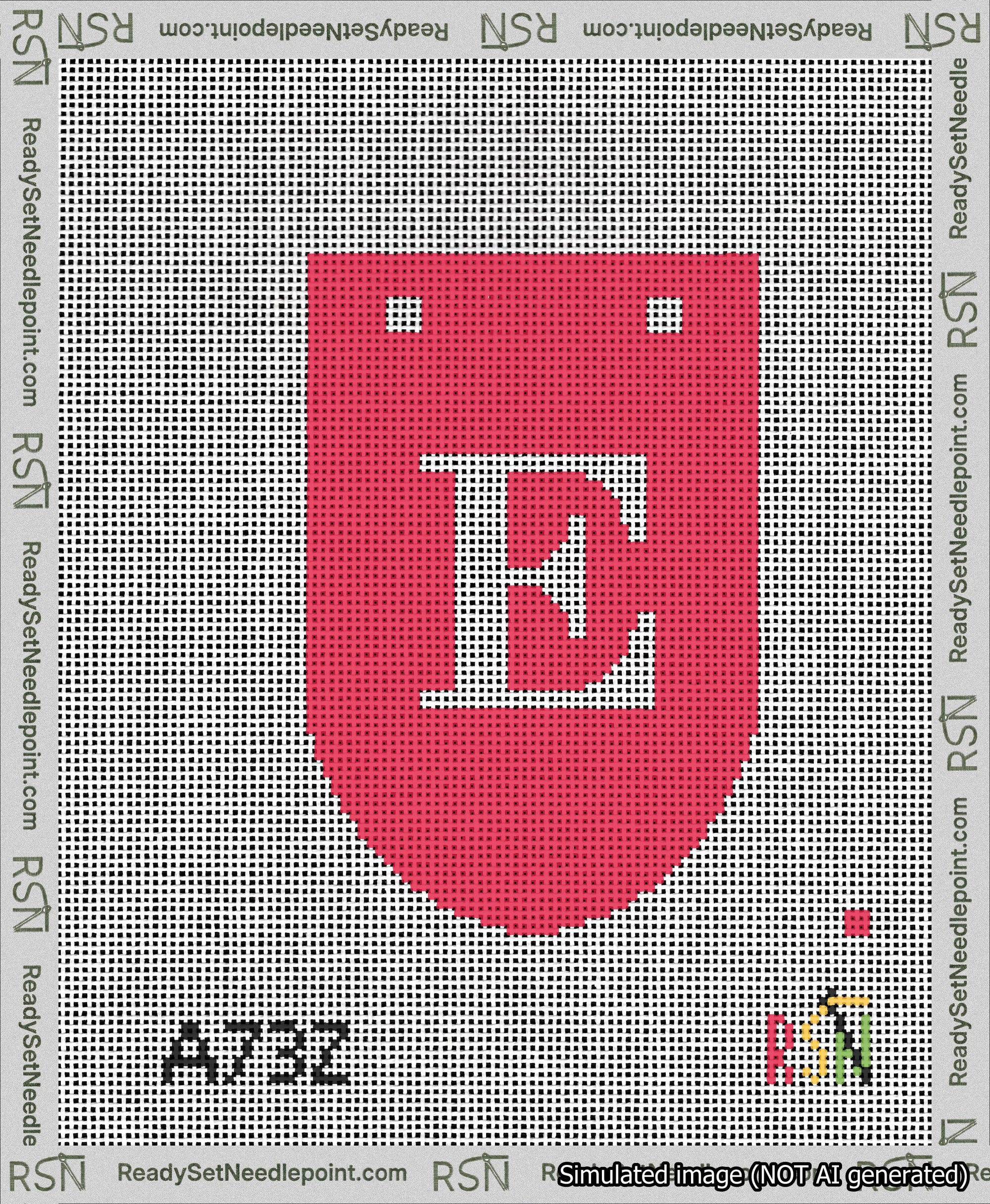 A taped needlepoint canvas with the design: Banner 13 mesh count Rounded E White on Red.