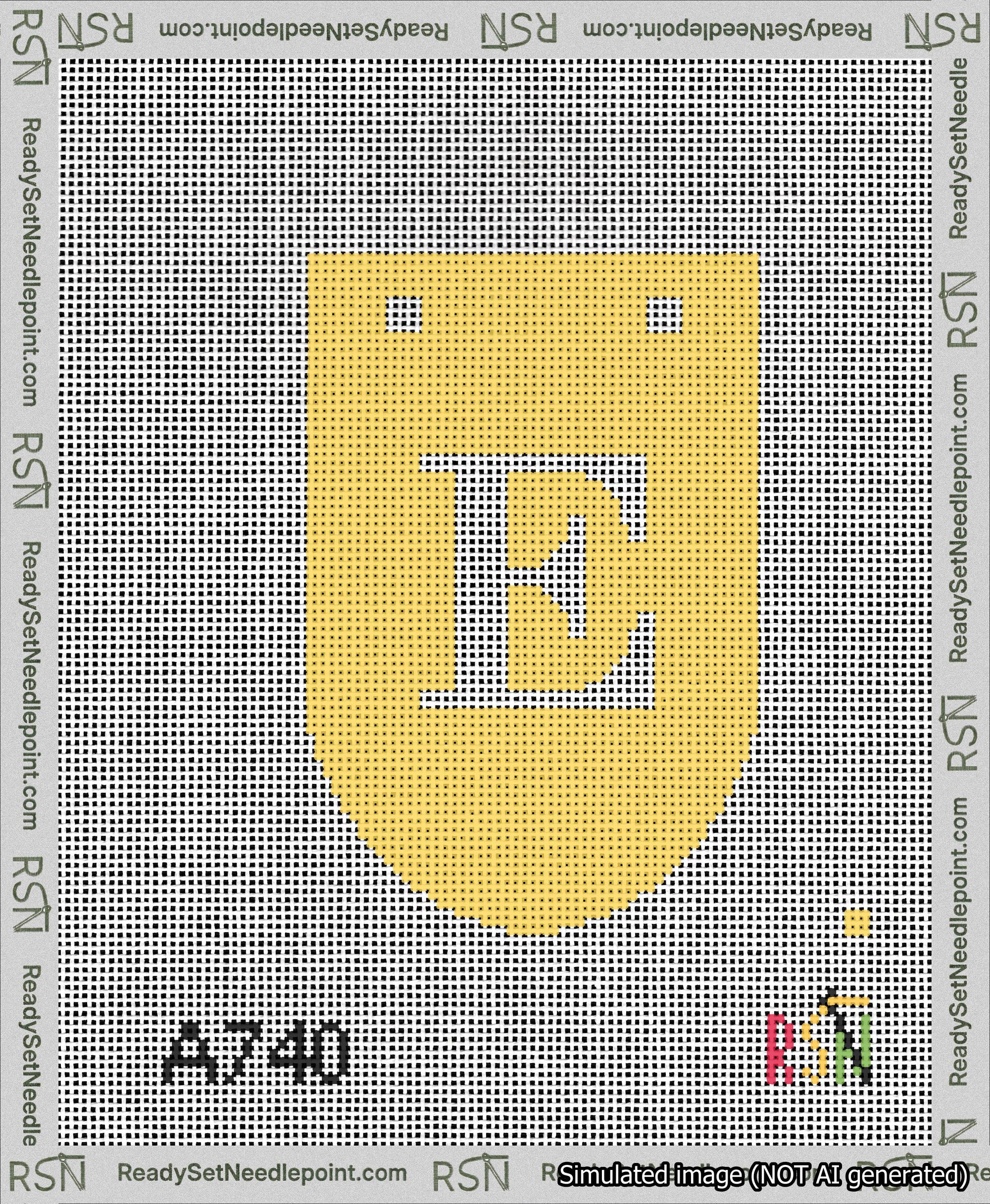 A taped needlepoint canvas with the design: Banner 13 mesh count Rounded E White on Yellow.