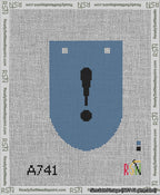 A taped needlepoint canvas with the design: Banner 13 mesh count Rounded Exclamation Black on Blue.
