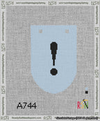A taped needlepoint canvas with the design: Banner 13 mesh count Rounded Exclamation Black on Light Blue.
