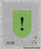 A taped needlepoint canvas with the design: Banner 13 mesh count Rounded Exclamation Black on Light Green.