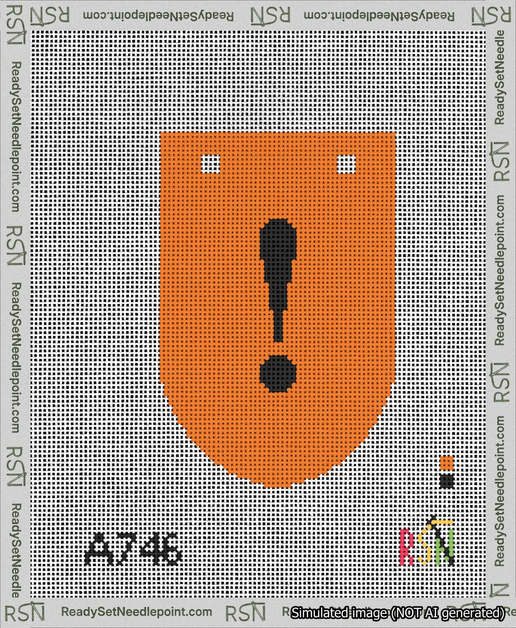 A taped needlepoint canvas with the design: Banner 13 mesh count Rounded Exclamation Black on Orange.