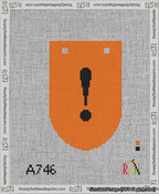 A taped needlepoint canvas with the design: Banner 13 mesh count Rounded Exclamation Black on Orange.