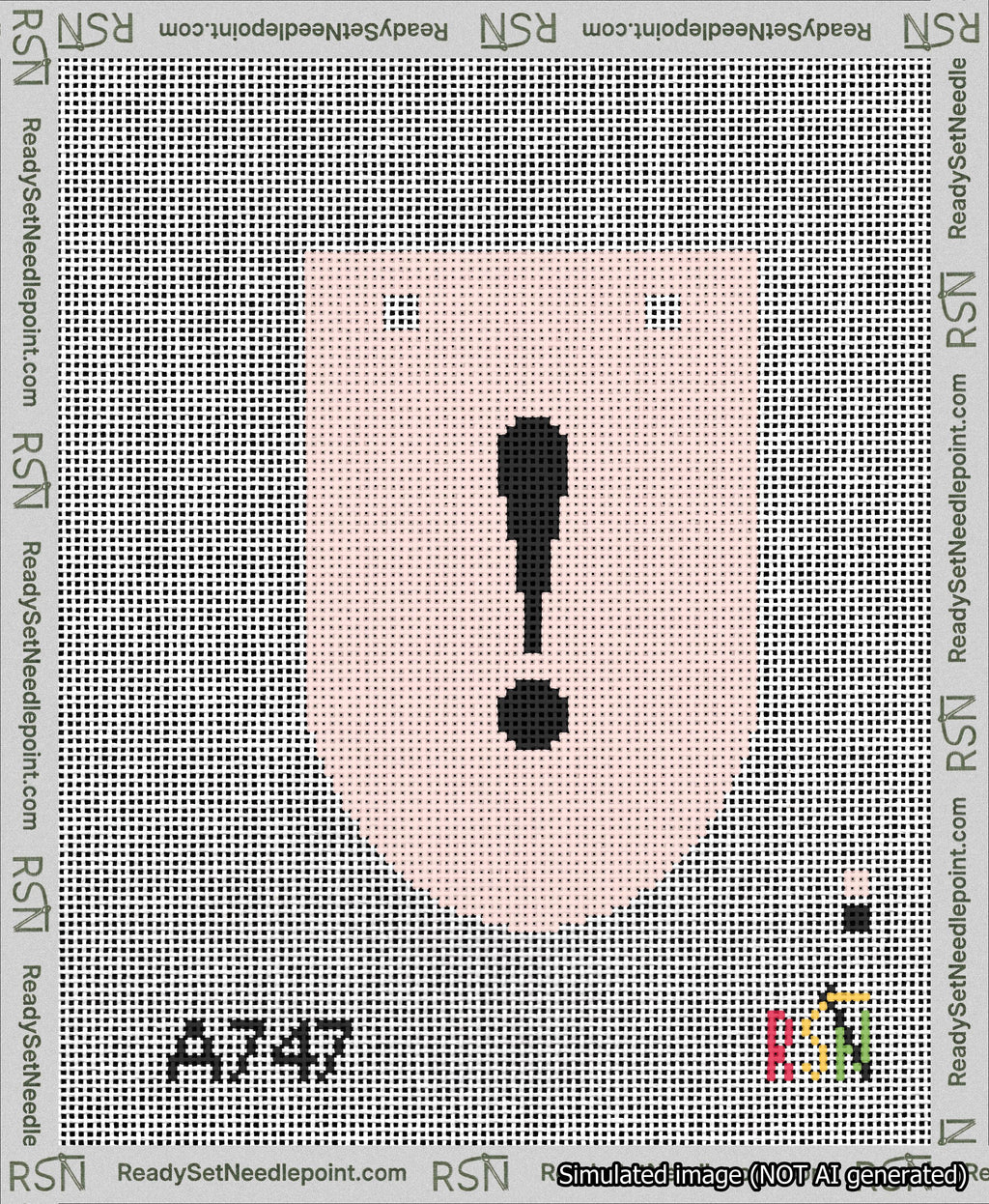 A taped needlepoint canvas with the design: Banner 13 mesh count Rounded Exclamation Black on Pink.