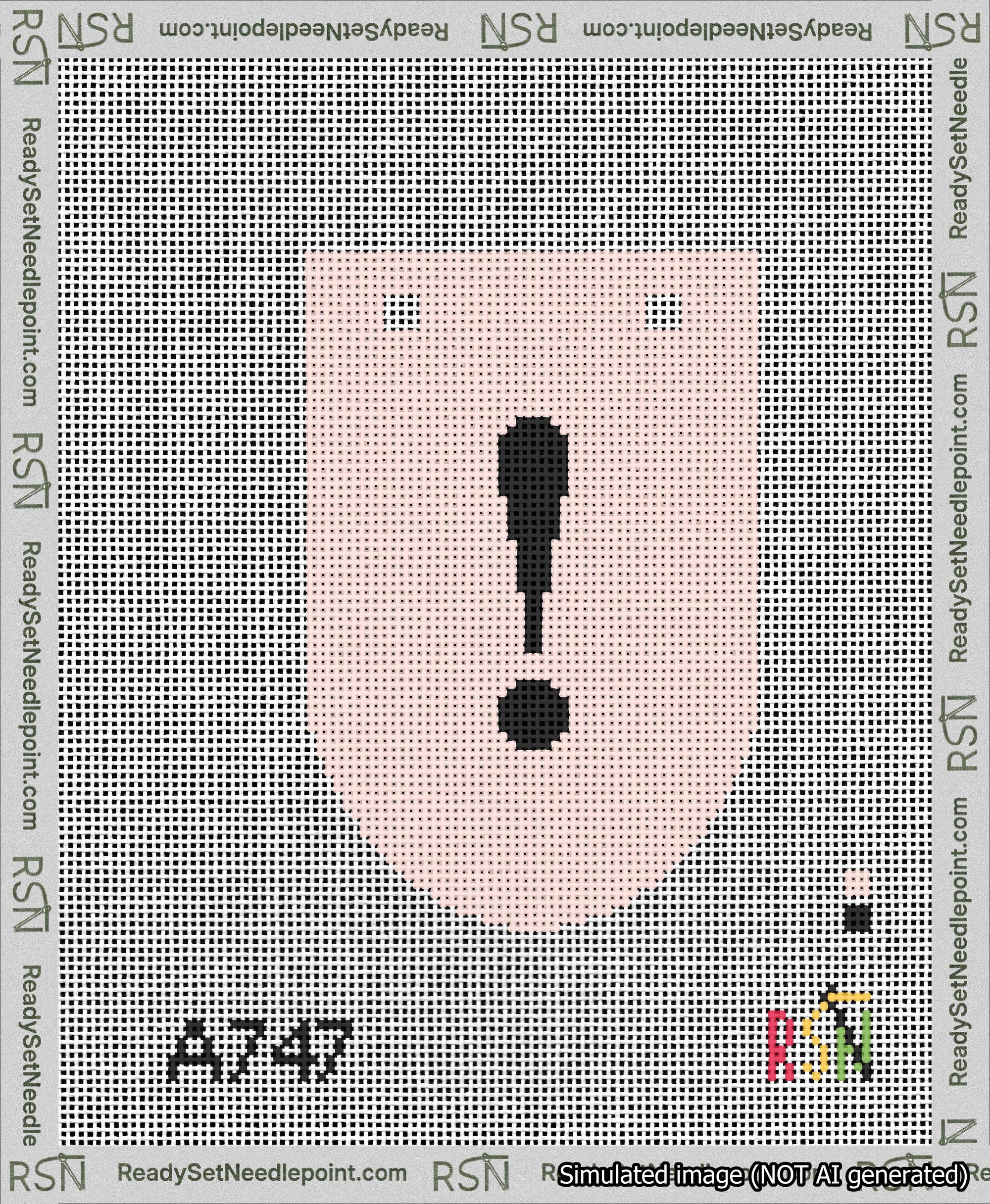 A taped needlepoint canvas with the design: Banner 13 mesh count Rounded Exclamation Black on Pink.