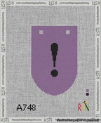 A taped needlepoint canvas with the design: Banner 13 mesh count Rounded Exclamation Black on Purple.
