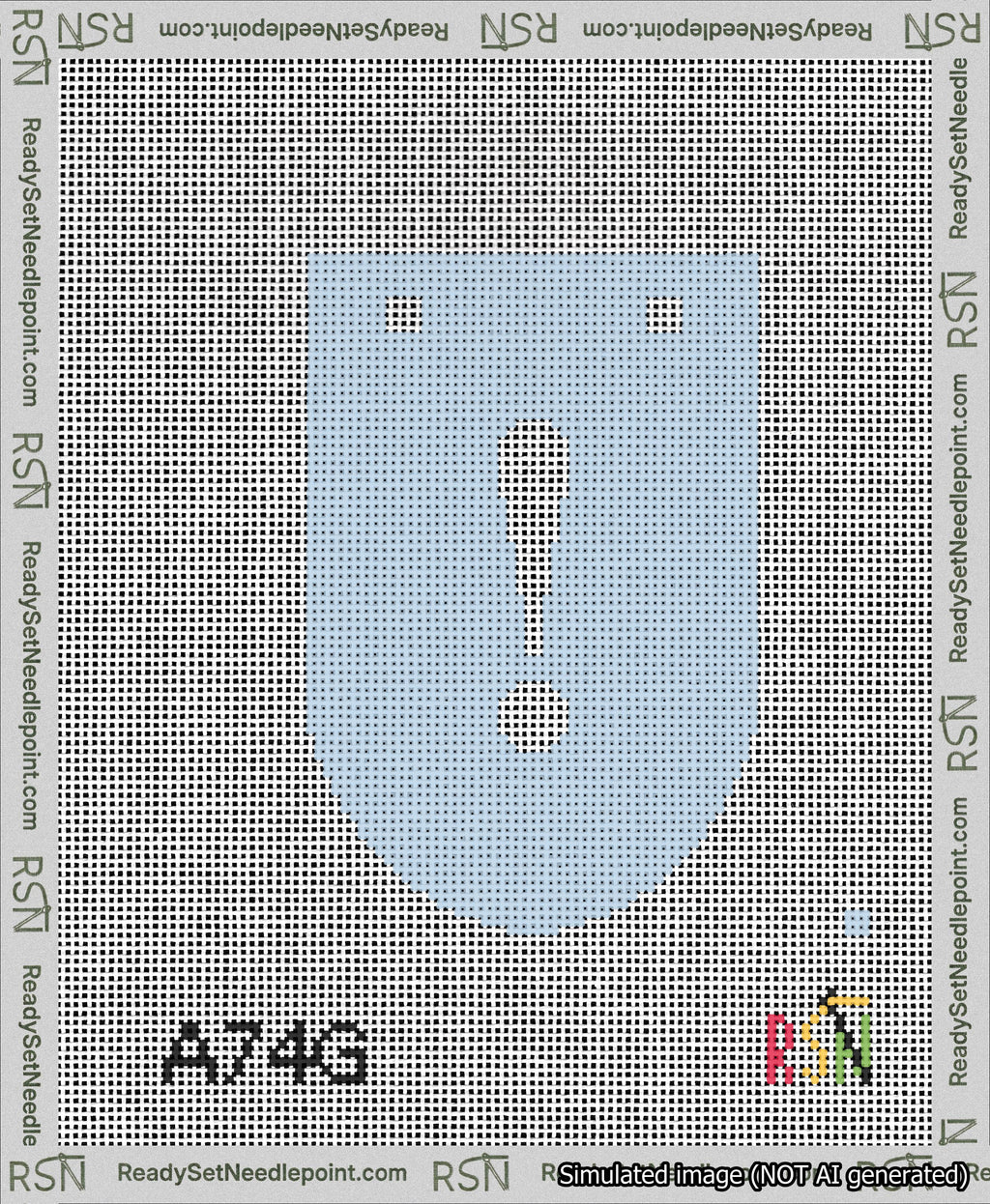 A taped needlepoint canvas with the design: Banner 13 mesh count Rounded Exclamation White on Light Blue.
