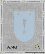 A taped needlepoint canvas with the design: Banner 13 mesh count Rounded Exclamation White on Light Blue.