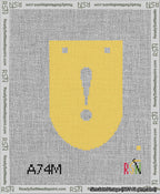 A taped needlepoint canvas with the design: Banner 13 mesh count Rounded Exclamation White on Yellow.