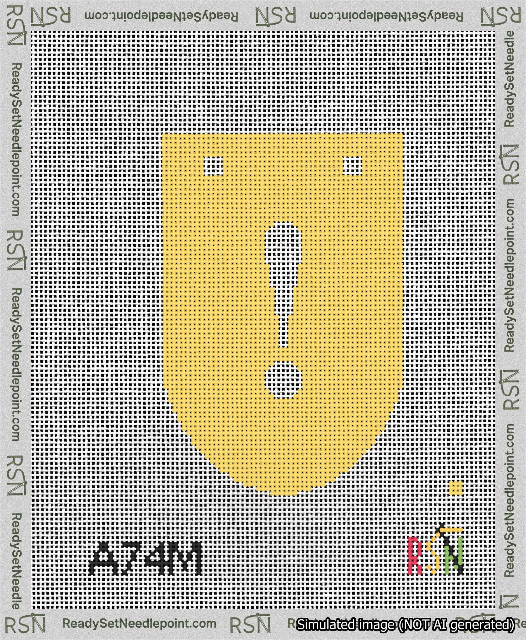 A taped needlepoint canvas with the design: Banner 13 mesh count Rounded Exclamation White on Yellow.