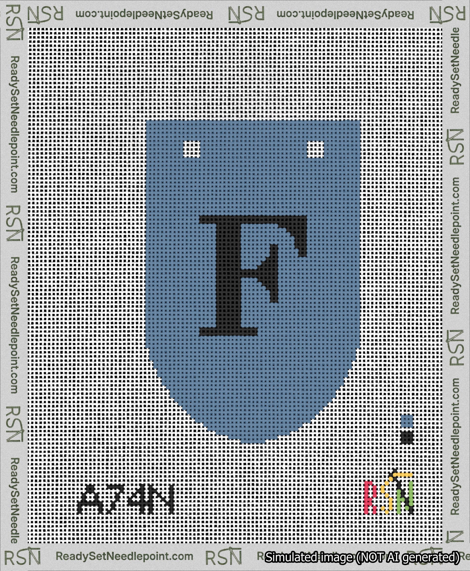 A taped needlepoint canvas with the design: Banner 13 mesh count Rounded F Black on Blue.