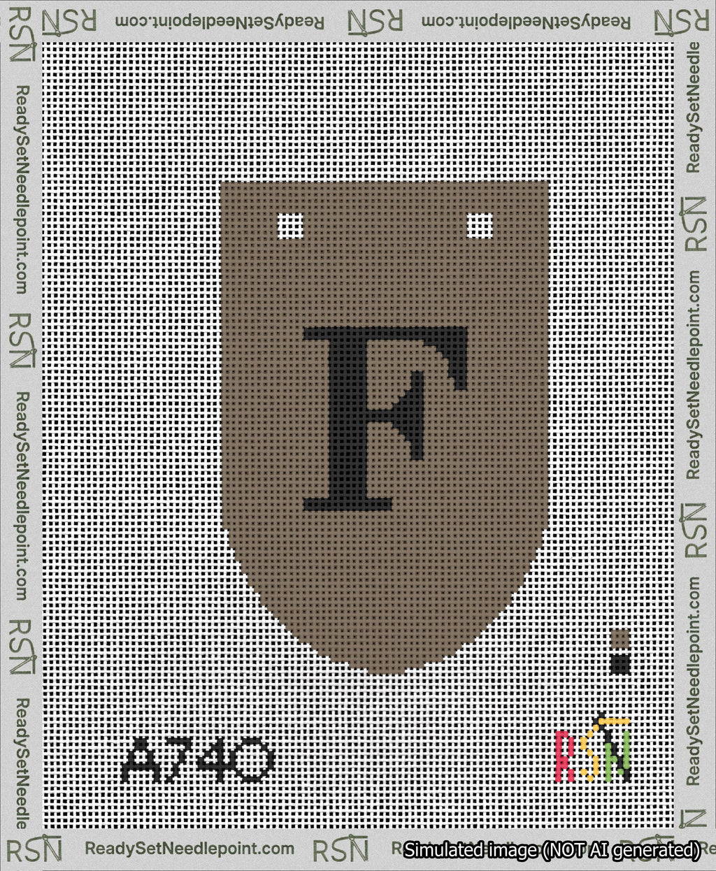 A taped needlepoint canvas with the design: Banner 13 mesh count Rounded F Black on Brown.