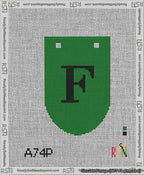 A taped needlepoint canvas with the design: Banner 13 mesh count Rounded F Black on Green.