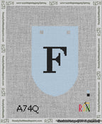 A taped needlepoint canvas with the design: Banner 13 mesh count Rounded F Black on Light Blue.