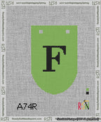 A taped needlepoint canvas with the design: Banner 13 mesh count Rounded F Black on Light Green.