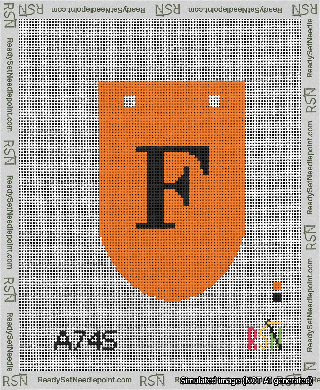 A taped needlepoint canvas with the design: Banner 13 mesh count Rounded F Black on Orange.