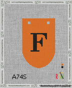 A taped needlepoint canvas with the design: Banner 13 mesh count Rounded F Black on Orange.