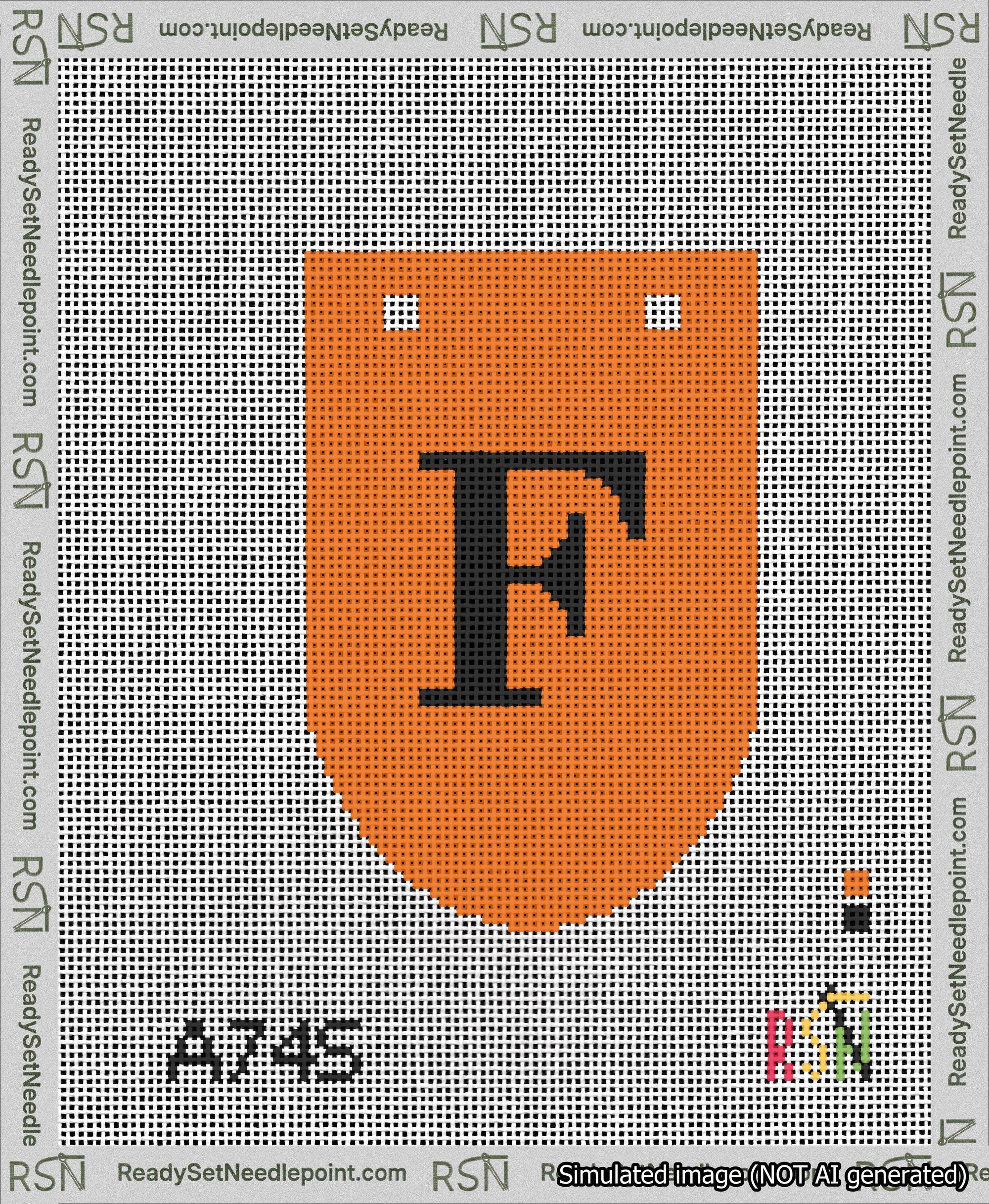 A taped needlepoint canvas with the design: Banner 13 mesh count Rounded F Black on Orange.