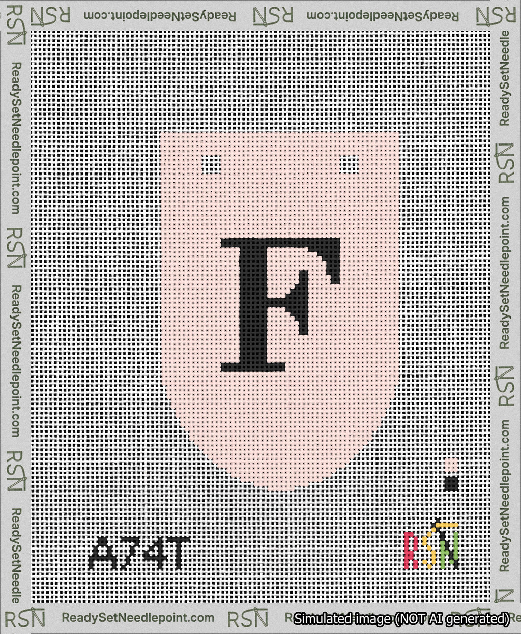 A taped needlepoint canvas with the design: Banner 13 mesh count Rounded F Black on Pink.