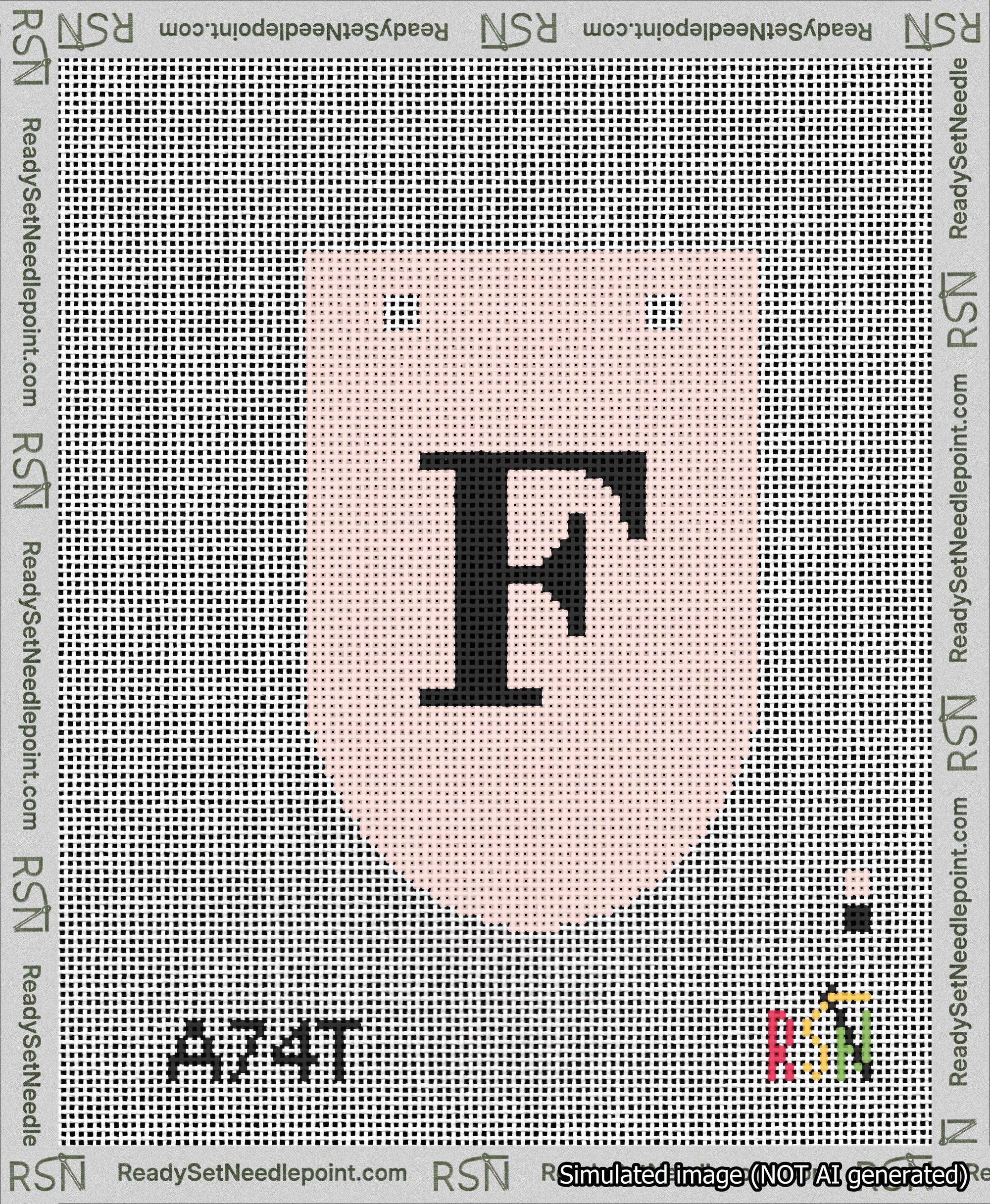 A taped needlepoint canvas with the design: Banner 13 mesh count Rounded F Black on Pink.