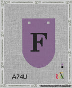 A taped needlepoint canvas with the design: Banner 13 mesh count Rounded F Black on Purple.