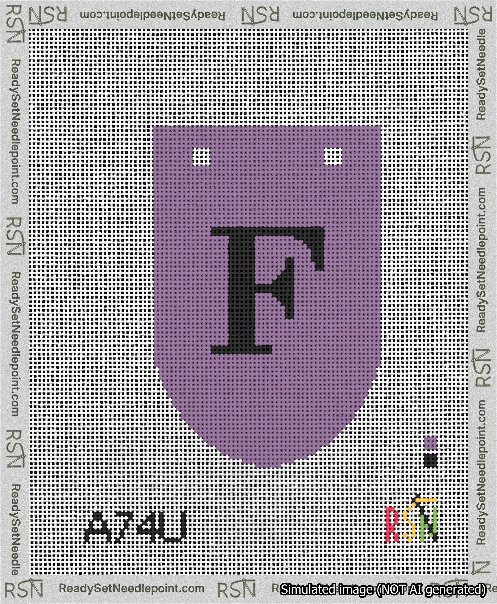 A taped needlepoint canvas with the design: Banner 13 mesh count Rounded F Black on Purple.