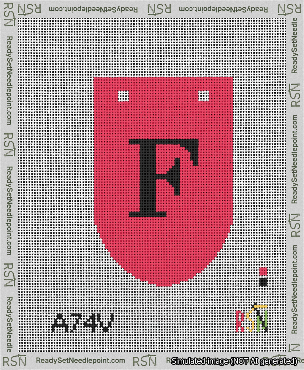 A taped needlepoint canvas with the design: Banner 13 mesh count Rounded F Black on Red.