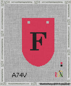 A taped needlepoint canvas with the design: Banner 13 mesh count Rounded F Black on Red.