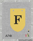 A taped needlepoint canvas with the design: Banner 13 mesh count Rounded F Black on Yellow.