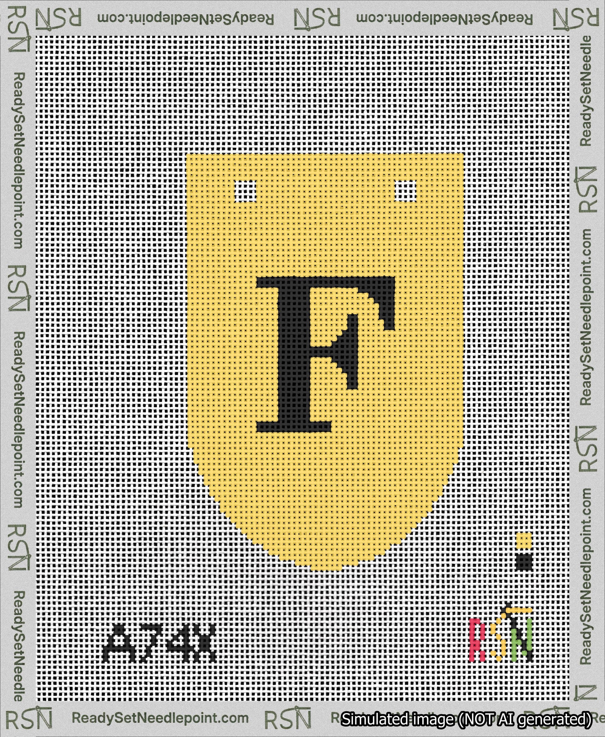 A taped needlepoint canvas with the design: Banner 13 mesh count Rounded F Black on Yellow.