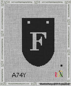 A taped needlepoint canvas with the design: Banner 13 mesh count Rounded F White on Black.