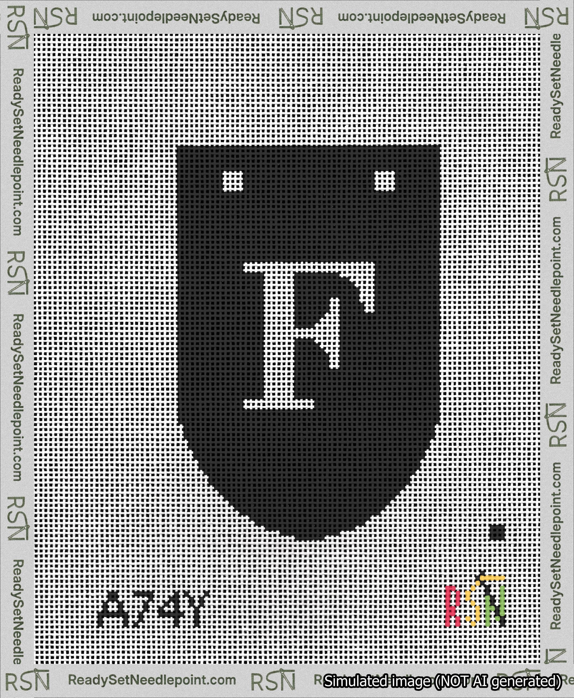 A taped needlepoint canvas with the design: Banner 13 mesh count Rounded F White on Black.