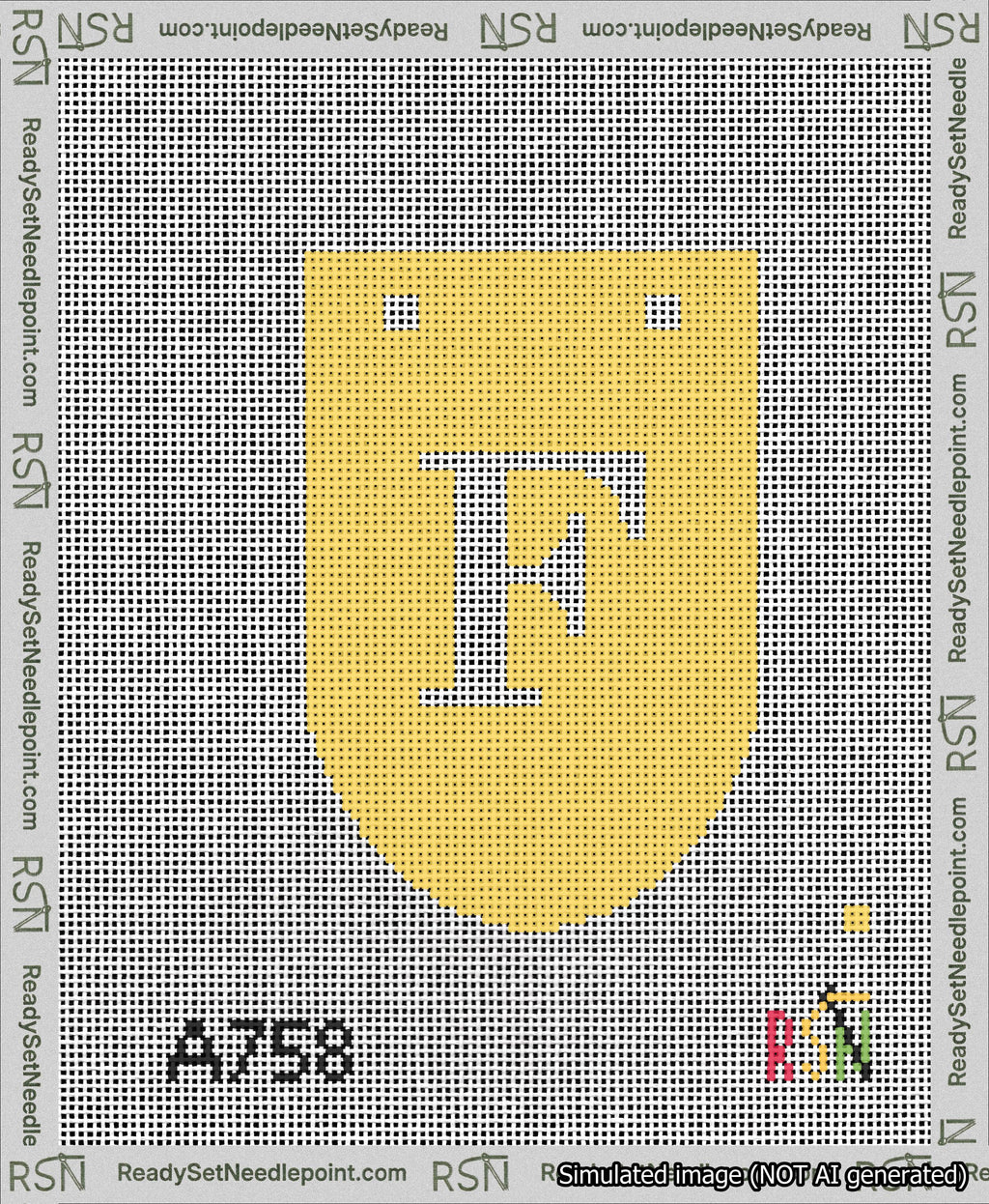 A taped needlepoint canvas with the design: Banner 13 mesh count Rounded F White on Yellow.