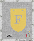 A taped needlepoint canvas with the design: Banner 13 mesh count Rounded F White on Yellow.