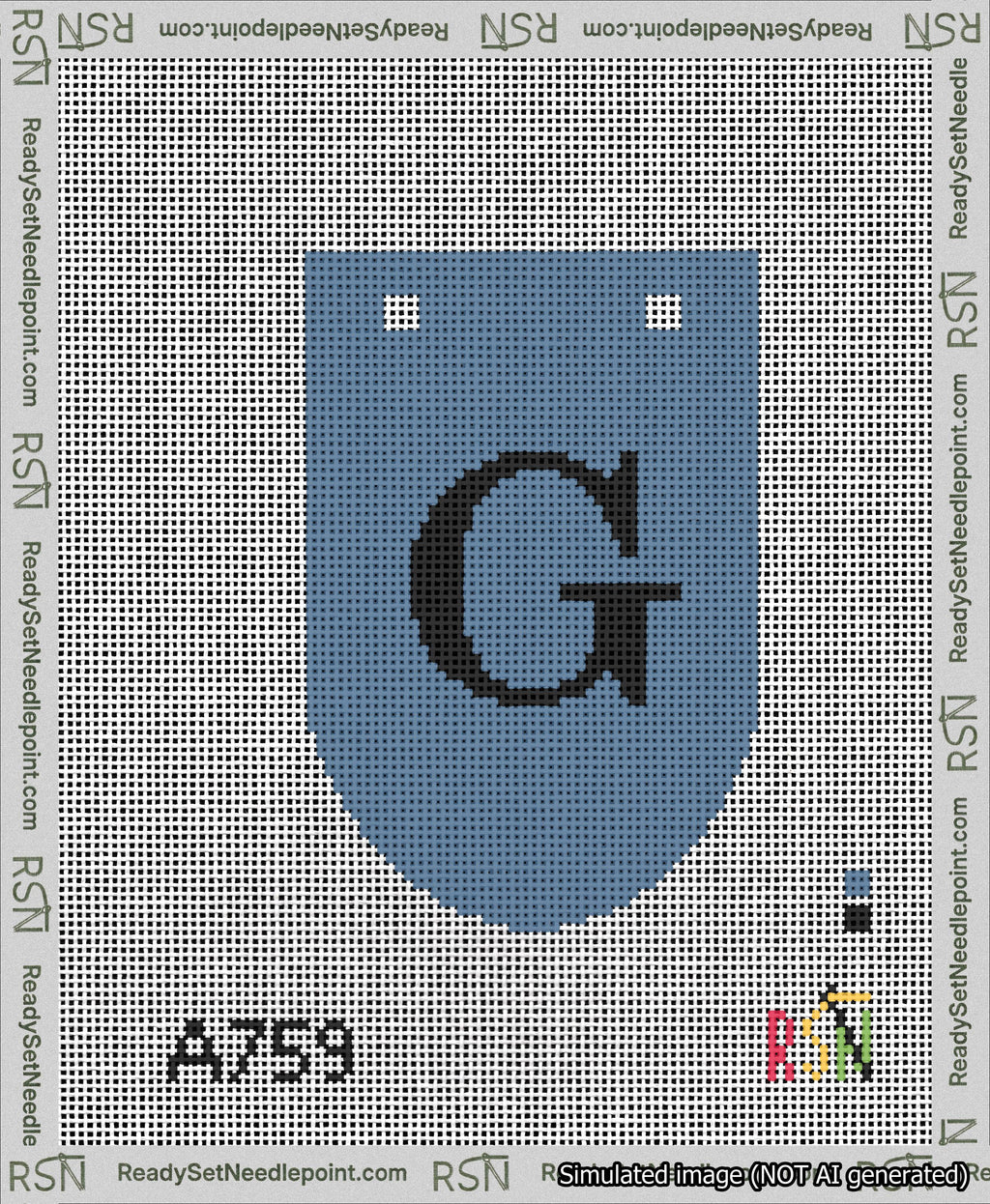 A taped needlepoint canvas with the design: Banner 13 mesh count Rounded G Black on Blue.