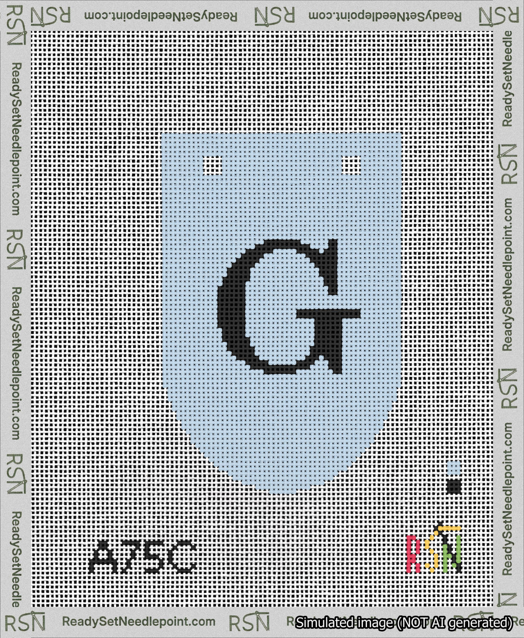 A taped needlepoint canvas with the design: Banner 13 mesh count Rounded G Black on Light Blue.