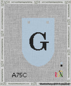 A taped needlepoint canvas with the design: Banner 13 mesh count Rounded G Black on Light Blue.