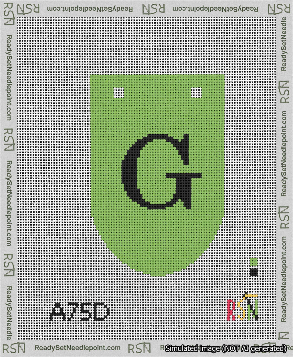 A taped needlepoint canvas with the design: Banner 13 mesh count Rounded G Black on Light Green.