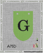 A taped needlepoint canvas with the design: Banner 13 mesh count Rounded G Black on Light Green.