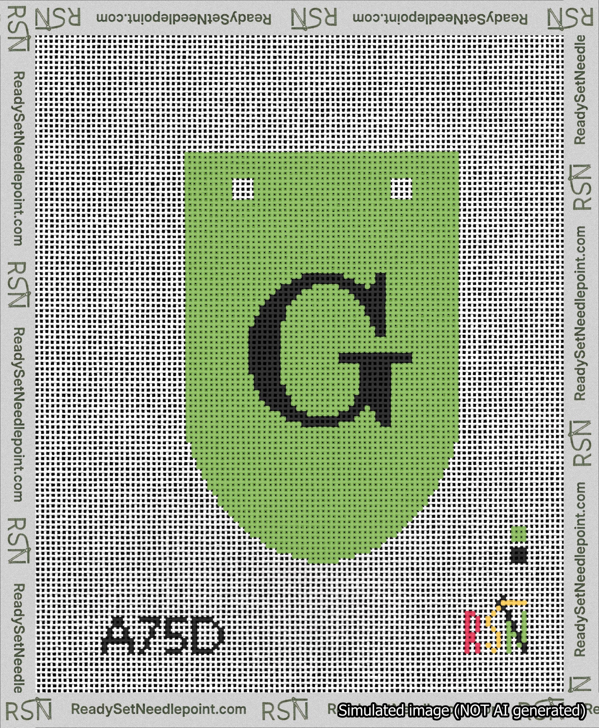 A taped needlepoint canvas with the design: Banner 13 mesh count Rounded G Black on Light Green.
