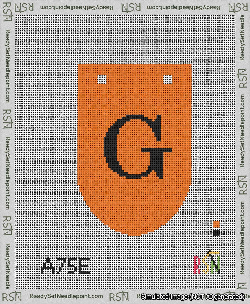 A taped needlepoint canvas with the design: Banner 13 mesh count Rounded G Black on Orange.